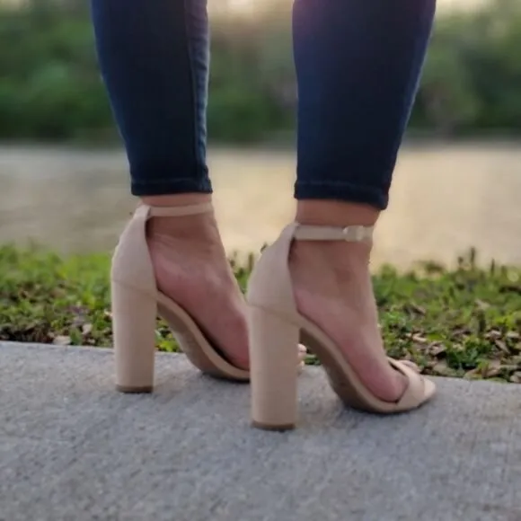 Beige Suede Ankle Strap Block Heel Dress Sandals