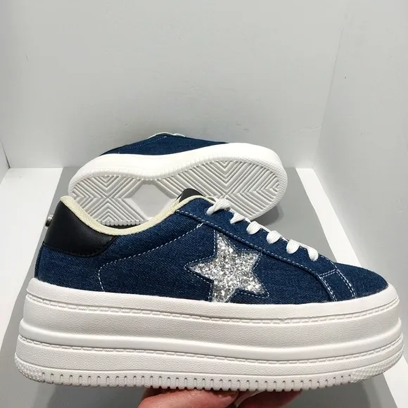 Belos Denim &amp; Glitter Star Platform Sneakers, NWT,‎ Size 9| EUR 40