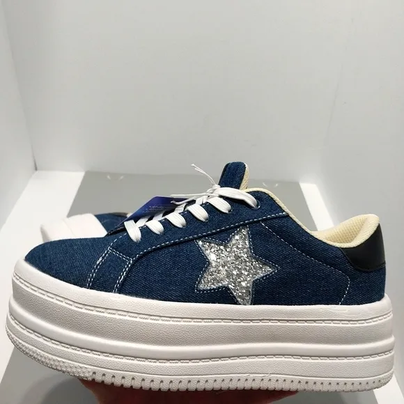Belos Denim &amp; Glitter Star Platform Sneakers, NWT,‎ Size 9| EUR 40