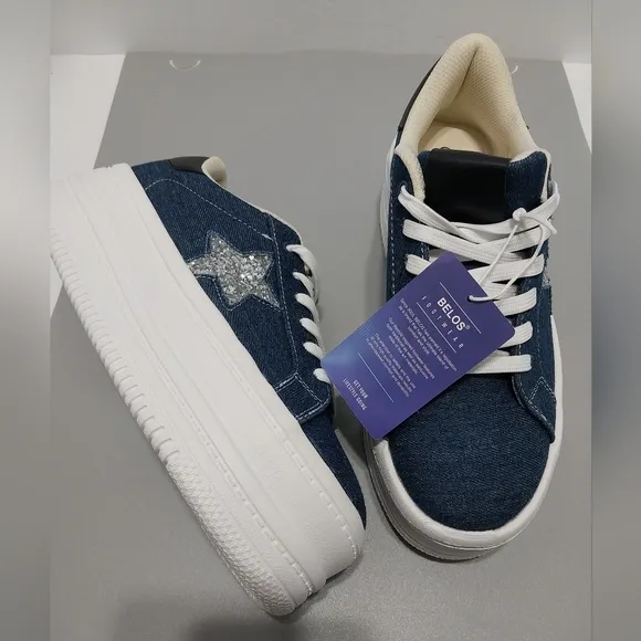 Belos Denim &amp; Glitter Star Platform Sneakers, NWT,‎ Size 9| EUR 40