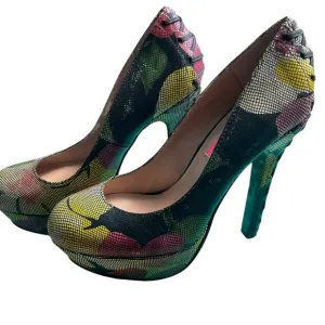 Betsey Johnson Ditan Floral‎ Leather Platform Stiletto Corset Pumps Size 7.5M