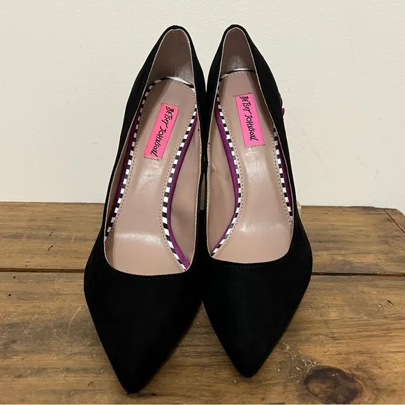 Betsey Johnson Dorthi Black Suede Ruffle Back Heels