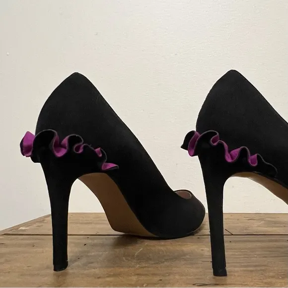 Betsey Johnson Dorthi Black Suede Ruffle Back Heels