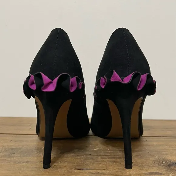 Betsey Johnson Dorthi Black Suede Ruffle Back Heels
