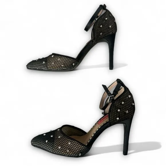 Betsey Johnson Falon Rhinestone Fishnet Heels Shoes Ankle Strap Pointed Size 8