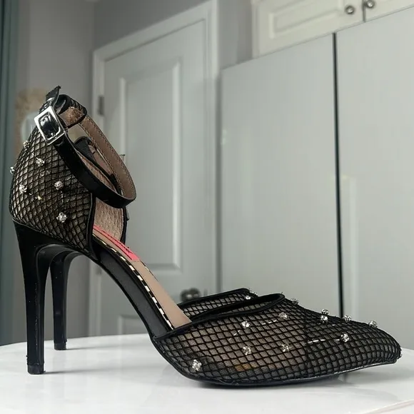 Betsey Johnson Falon Rhinestone Fishnet Heels Shoes Ankle Strap Pointed Size 8