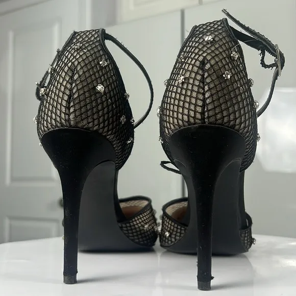 Betsey Johnson Falon Rhinestone Fishnet Heels Shoes Ankle Strap Pointed Size 8