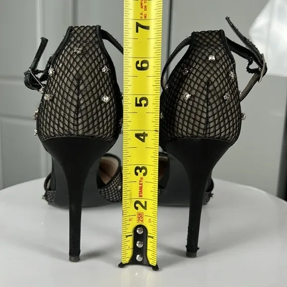 Betsey Johnson Falon Rhinestone Fishnet Heels Shoes Ankle Strap Pointed Size 8