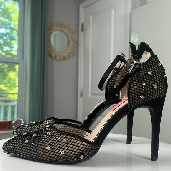 Betsey Johnson Falon Rhinestone Fishnet Heels Shoes Ankle Strap Pointed Size 8