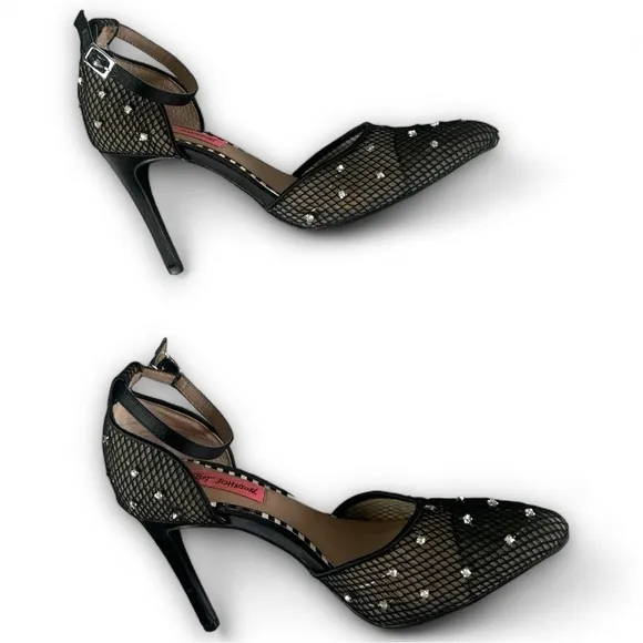 Betsey Johnson Falon Rhinestone Fishnet Heels Shoes Ankle Strap Pointed Size 8