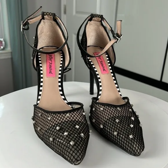 Betsey Johnson Falon Rhinestone Fishnet Heels Shoes Ankle Strap Pointed Size 8