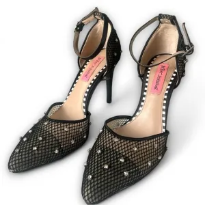 Betsey Johnson Falon Rhinestone Fishnet Heels Shoes Ankle Strap Pointed Size 8