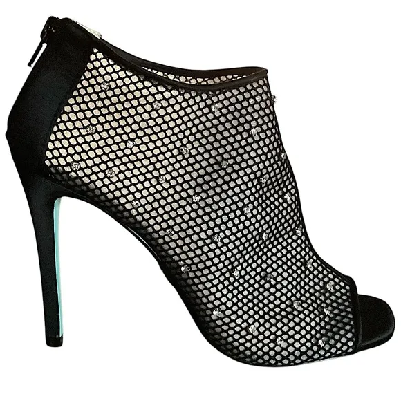 Betsey Johnson Luna Black Mesh Peep-Toe Stiletto Ankle Booties Rhinestone Size 8