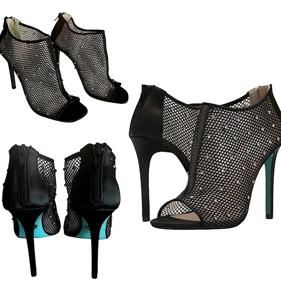 Betsey Johnson Luna Black Mesh Peep-Toe Stiletto Ankle Booties Rhinestone Size 8