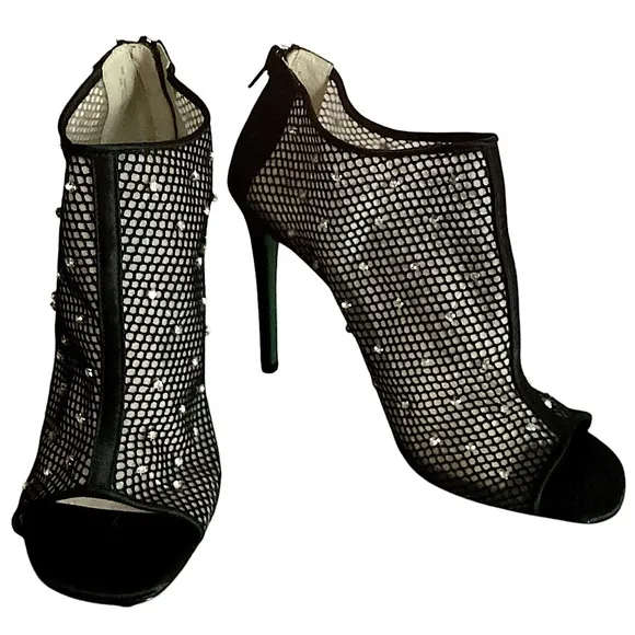 Betsey Johnson Luna Black Mesh Peep-Toe Stiletto Ankle Booties Rhinestone Size 8