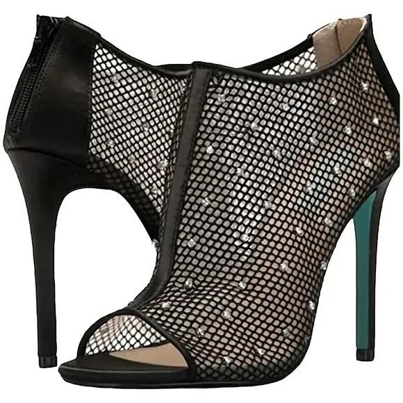 Betsey Johnson Luna Black Mesh Peep-Toe Stiletto Ankle Booties Rhinestone Size 8