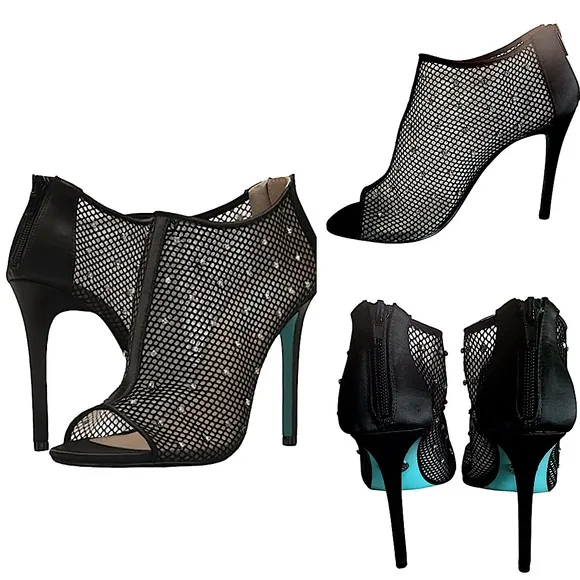 Betsey Johnson Luna Black Mesh Peep-Toe Stiletto Ankle Booties Rhinestone Size 8
