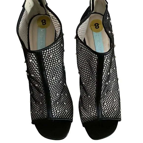 Betsey Johnson Luna Black Mesh Peep-Toe Stiletto Ankle Booties Rhinestone Size 8