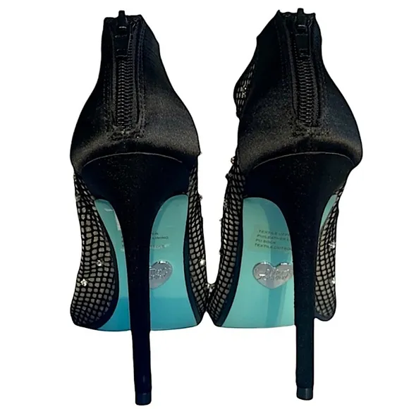 Betsey Johnson Luna Black Mesh Peep-Toe Stiletto Ankle Booties Rhinestone Size 8