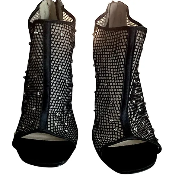 Betsey Johnson Luna Black Mesh Peep-Toe Stiletto Ankle Booties Rhinestone Size 8