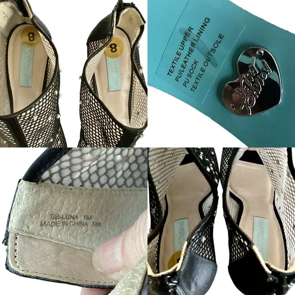 Betsey Johnson Luna Black Mesh Peep-Toe Stiletto Ankle Booties Rhinestone Size 8