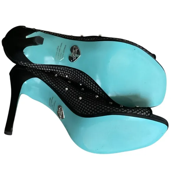 Betsey Johnson Luna Black Mesh Peep-Toe Stiletto Ankle Booties Rhinestone Size 8