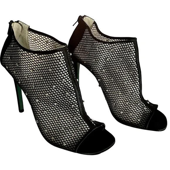 Betsey Johnson Luna Black Mesh Peep-Toe Stiletto Ankle Booties Rhinestone Size 8