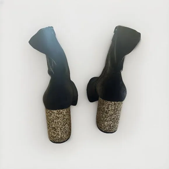 Betsey Johnson Matcha Black Velvet Gold Glitter Platform Heel Size 6 Disco Glam