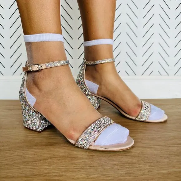 ⭐Betsey Johnson Women's Mari Block Heel Evening Sandals Sz 8 Rhinestone Party
