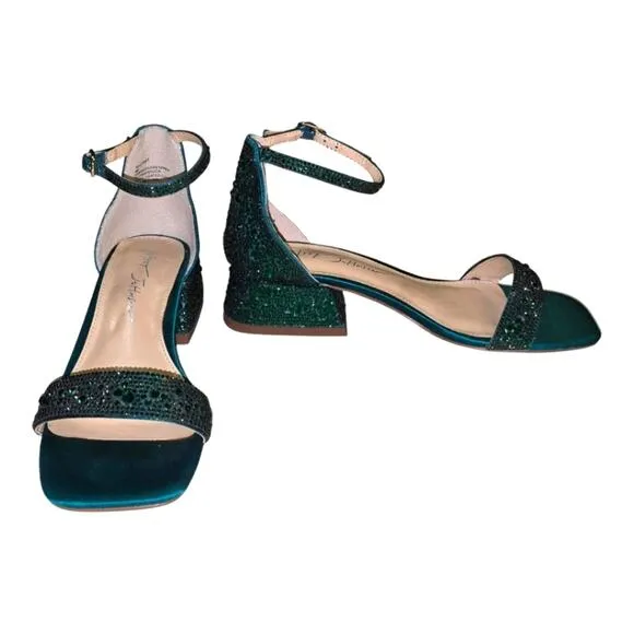 BETSY JOHNSON Mari Crystal Ankle Strap Teal Green Party Sandals Size 6