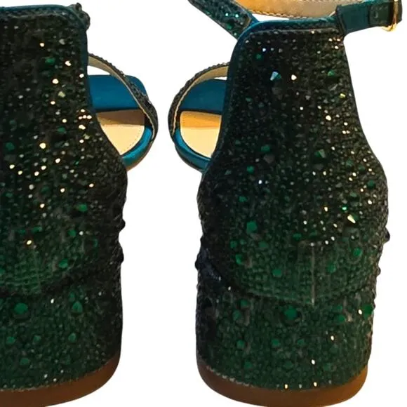 BETSY JOHNSON Mari Crystal Ankle Strap Teal Green Party Sandals Size 6