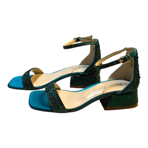 BETSY JOHNSON Mari Crystal Ankle Strap Teal Green Party Sandals Size 6