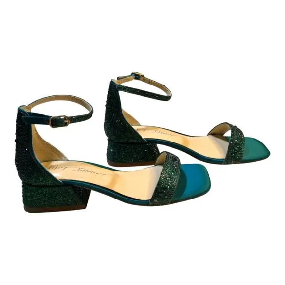BETSY JOHNSON Mari Crystal Ankle Strap Teal Green Party Sandals Size 6