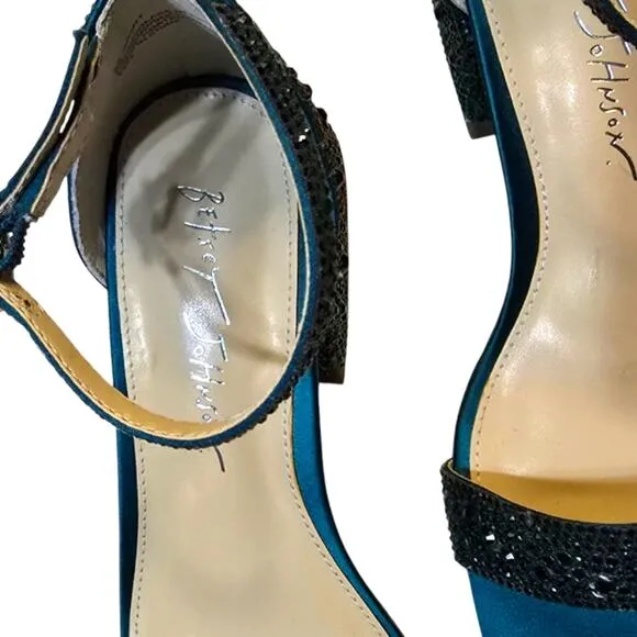 BETSY JOHNSON Mari Crystal Ankle Strap Teal Green Party Sandals Size 6
