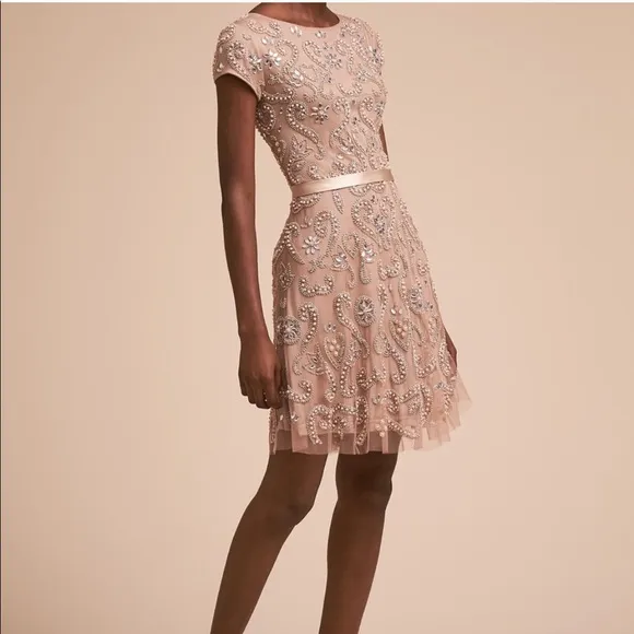 BHLDN Lara Addison Dress Rose Nude 4 Bridesmaid Beaded Pink