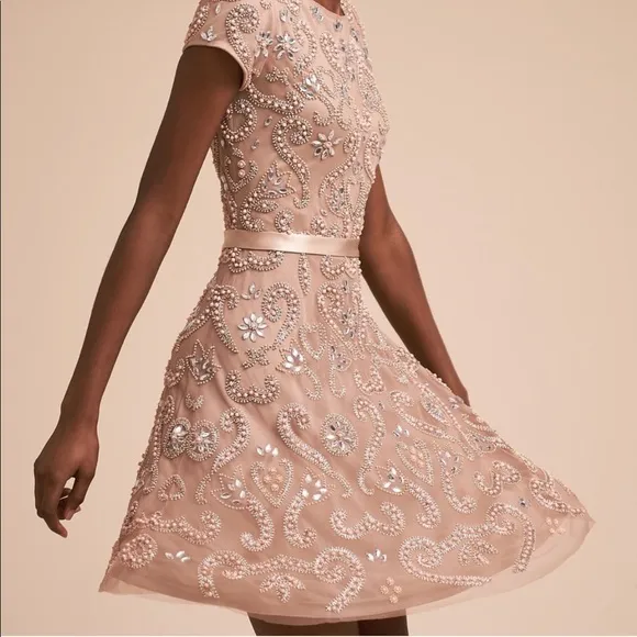 BHLDN Lara Addison Dress Rose Nude 4 Bridesmaid Beaded Pink