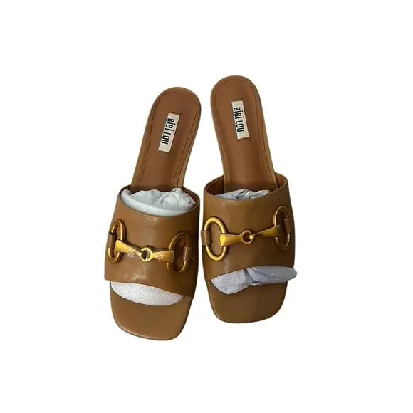 Bibi Lou x Anthropologie Hana Honey Classic Leather Goldtone Chain Sandals