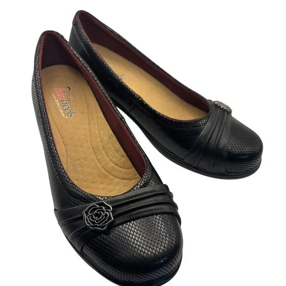 Bioheels By OrthoFeet Black Maya 113 Flower Pumps Heel Sz 10 B  Snake Shoes