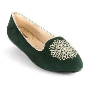 Birdies Flats Size 7.5 Goldfinch Green Suede Leather Gold Embroidered Almond Toe