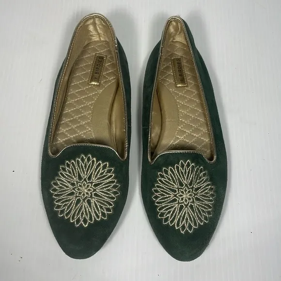 Birdies Flats Size 7.5 Goldfinch Green Suede Leather Gold Embroidered Almond Toe