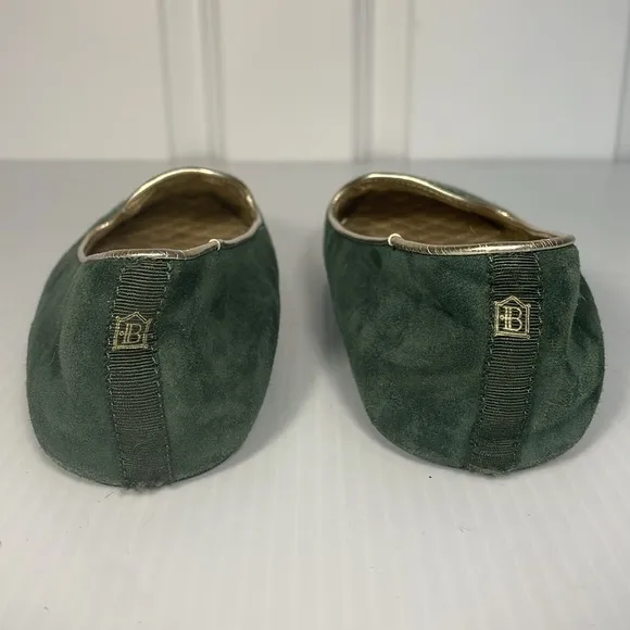 Birdies Flats Size 7.5 Goldfinch Green Suede Leather Gold Embroidered Almond Toe