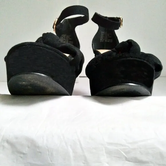 Black Suede Rose High  Block Heel Peep Toe Top Knot Bow Ankle  Strap Sandals Sz7