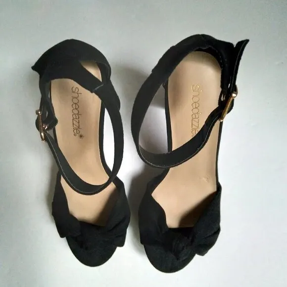 Black Suede Rose High  Block Heel Peep Toe Top Knot Bow Ankle  Strap Sandals Sz7