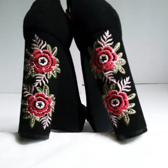 Black Suede Rose High  Block Heel Peep Toe Top Knot Bow Ankle  Strap Sandals Sz7