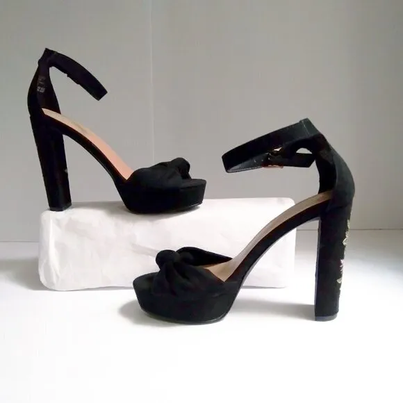 Black Suede Rose High  Block Heel Peep Toe Top Knot Bow Ankle  Strap Sandals Sz7