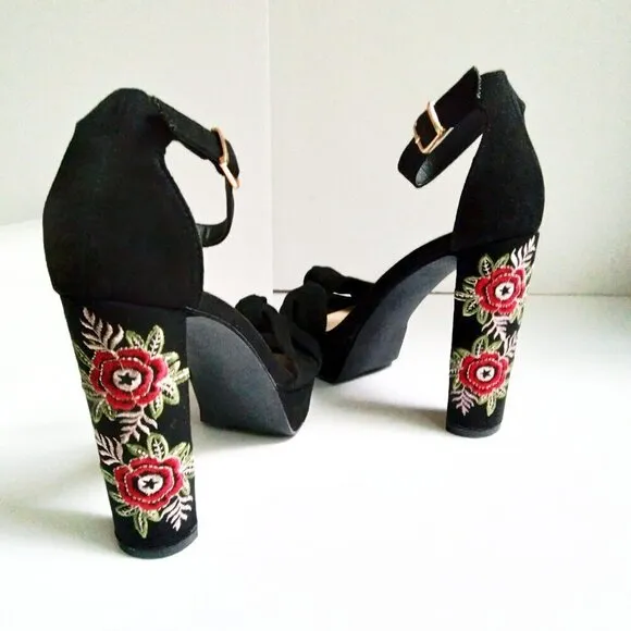 Black Suede Rose High  Block Heel Peep Toe Top Knot Bow Ankle  Strap Sandals Sz7