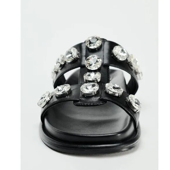 BLOGGER'S FAVE! Zara Faux Leather Gem Sandals Black NWT