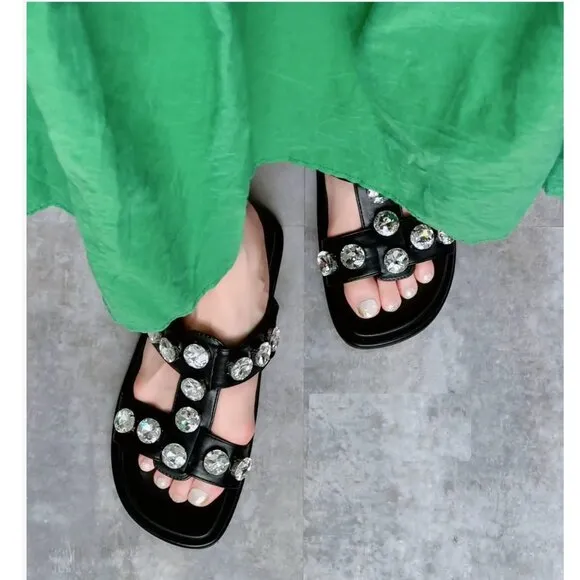 BLOGGER'S FAVE! Zara Faux Leather Gem Sandals Black NWT