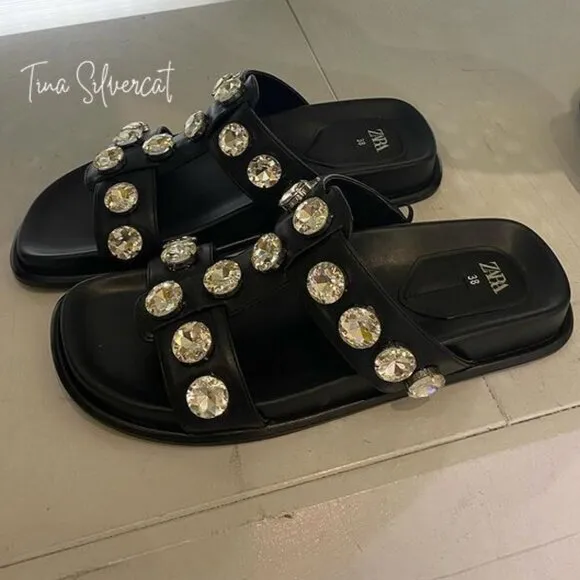 BLOGGER'S FAVE! Zara Faux Leather Gem Sandals Black NWT