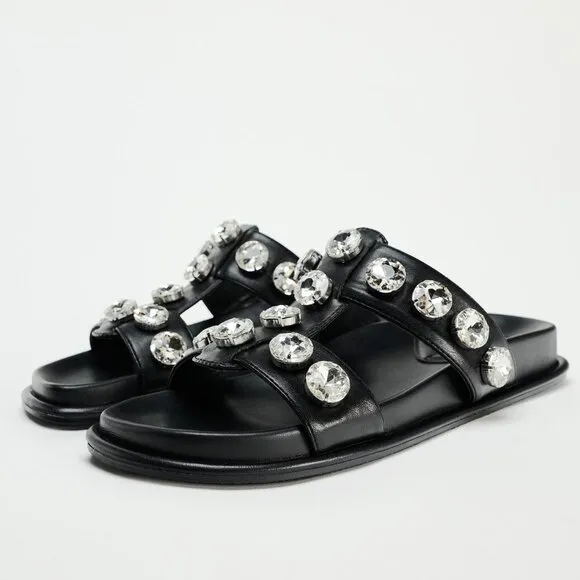 BLOGGER'S FAVE! Zara Faux Leather Gem Sandals Black NWT